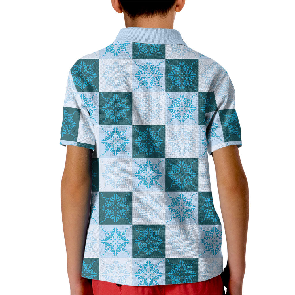 Cyan Manta Ray Hawaiian Quilt Motif Kid Polo Shirt