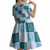 Cyan Manta Ray Hawaiian Quilt Motif Kid Short Sleeve Dress