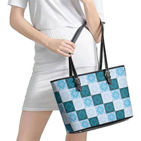 Cyan Manta Ray Hawaiian Quilt Motif Leather Tote Bag