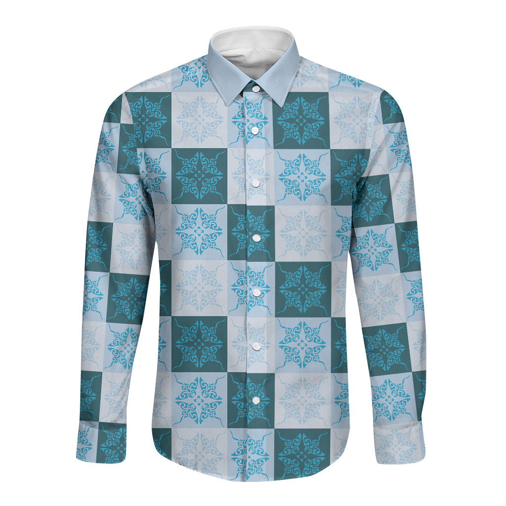 Cyan Manta Ray Hawaiian Quilt Motif Long Sleeve Button Shirt LT05 Unisex Blue - Polynesian Pride