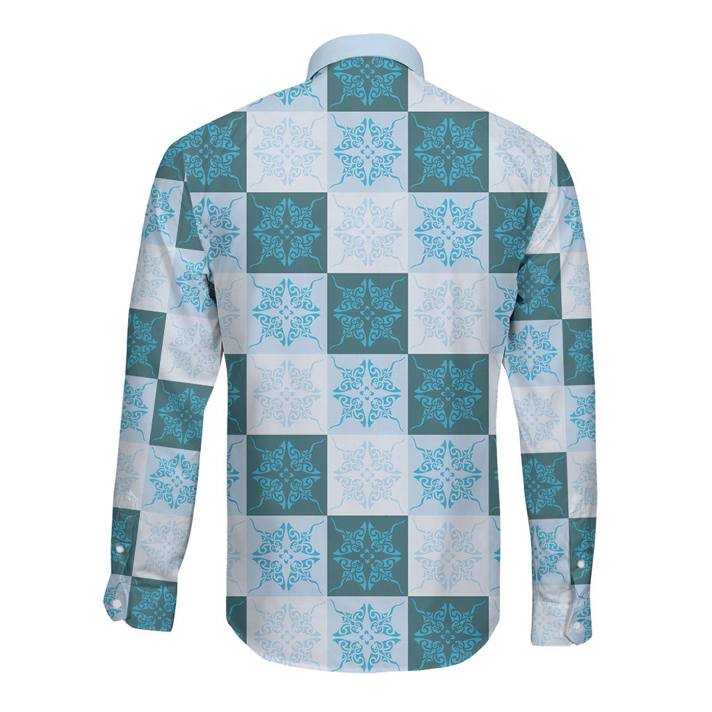 Cyan Manta Ray Hawaiian Quilt Motif Long Sleeve Button Shirt