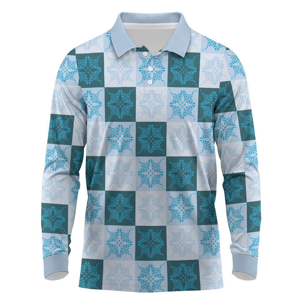 Cyan Manta Ray Hawaiian Quilt Motif Long Sleeve Polo Shirt