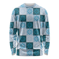 Cyan Manta Ray Hawaiian Quilt Motif Long Sleeve Shirt