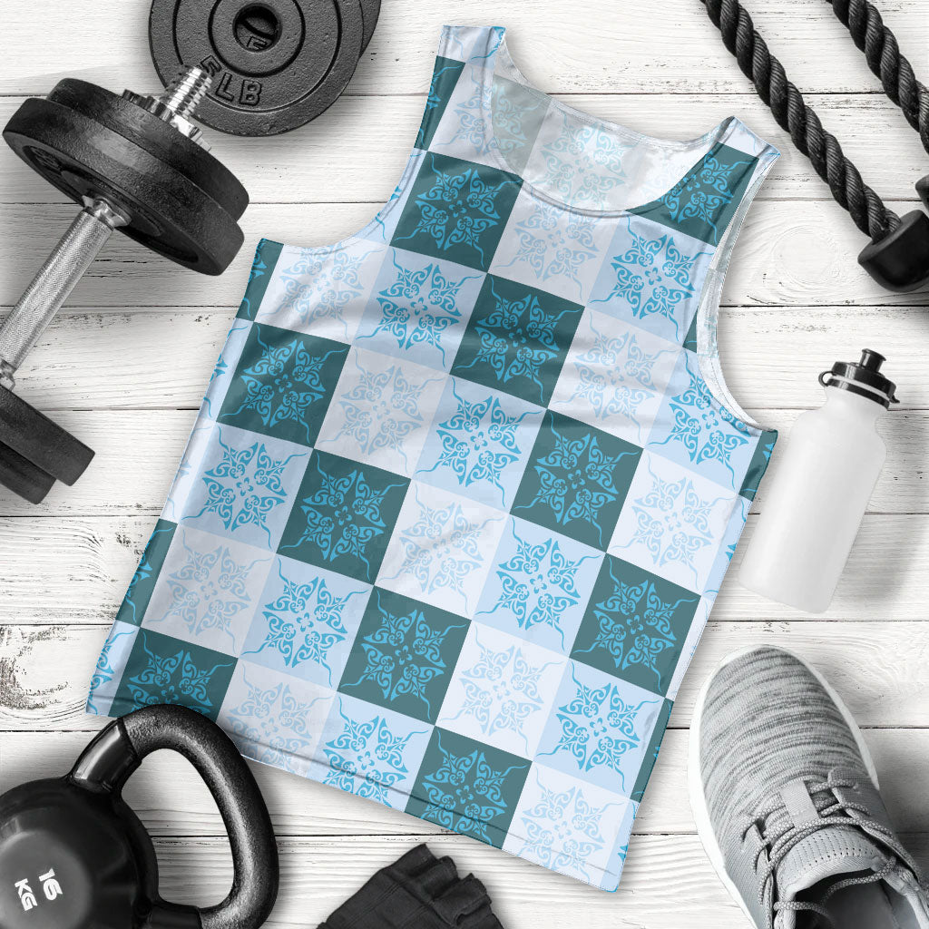 Cyan Manta Ray Hawaiian Quilt Motif Men Tank Top