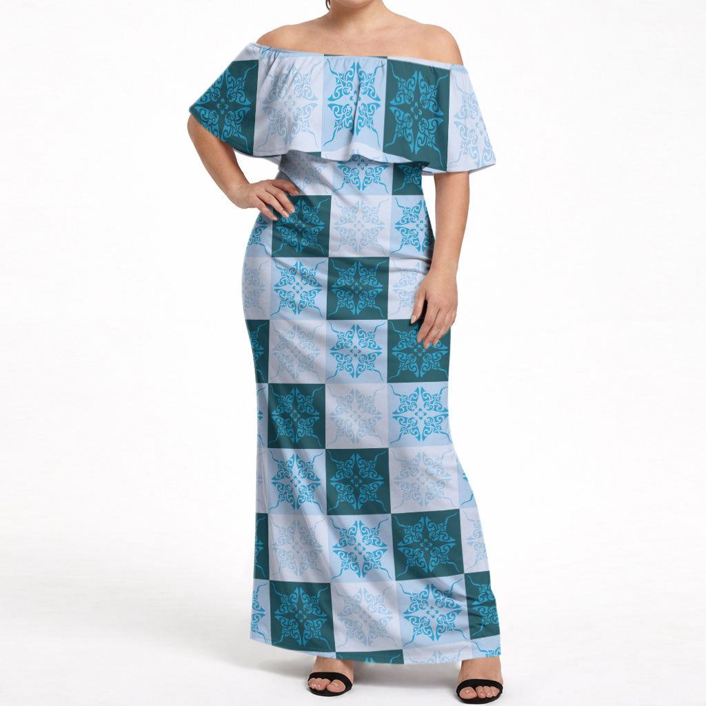 Cyan Manta Ray Hawaiian Quilt Motif Off Shoulder Maxi Dress
