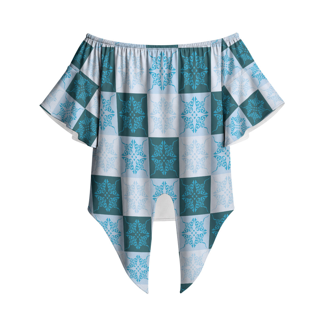 Cyan Manta Ray Hawaiian Quilt Motif Off Shoulder Wrap Waist Top LT05 Blue - Polynesian Pride