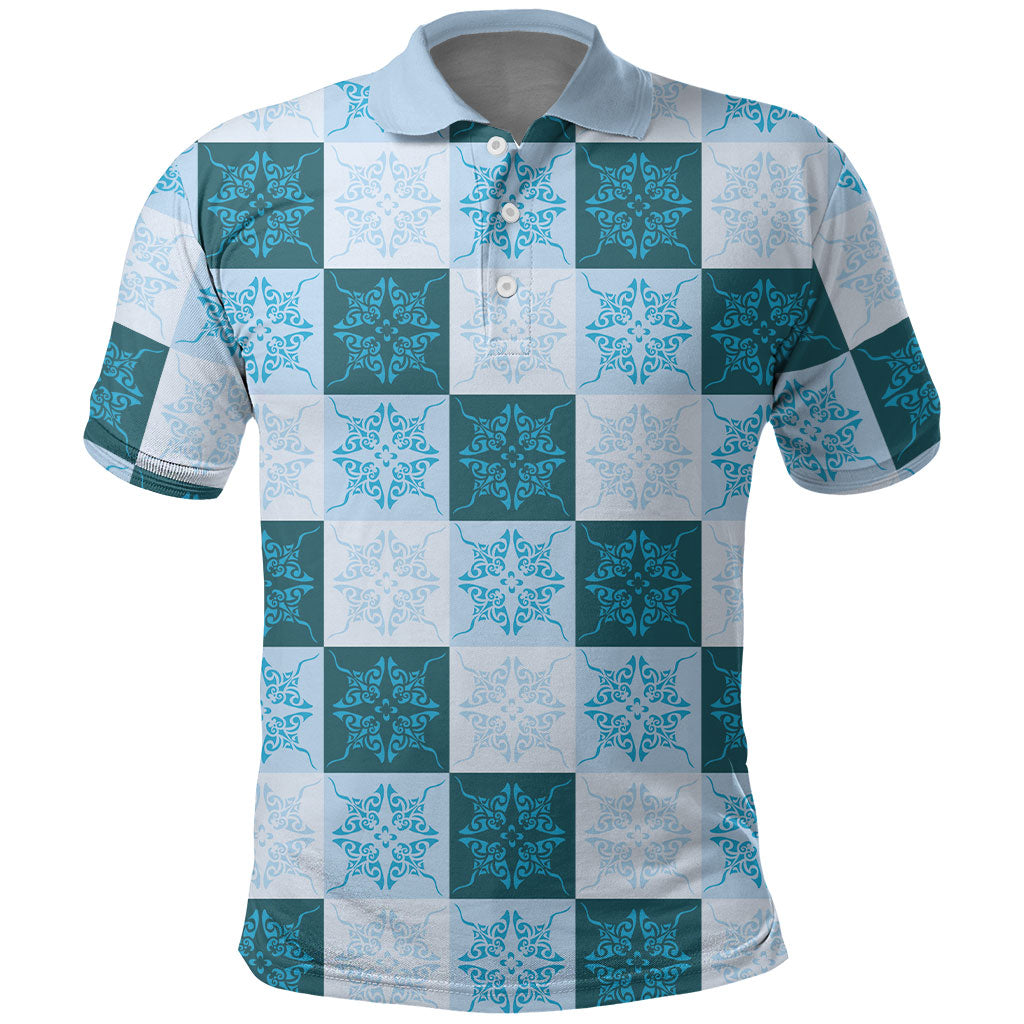Cyan Manta Ray Hawaiian Quilt Motif Polo Shirt