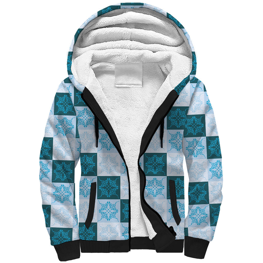Cyan Manta Ray Hawaiian Quilt Motif Sherpa Hoodie