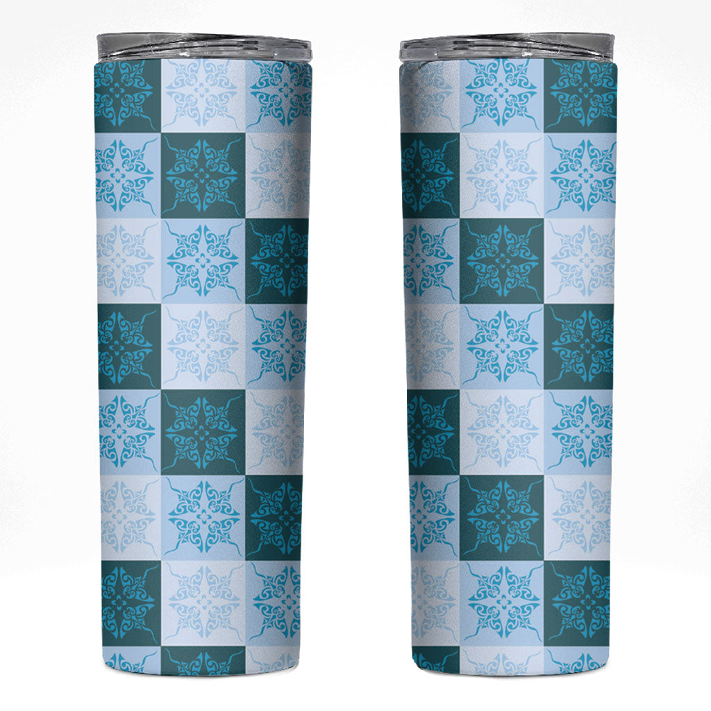 Cyan Manta Ray Hawaiian Quilt Motif Skinny Tumbler