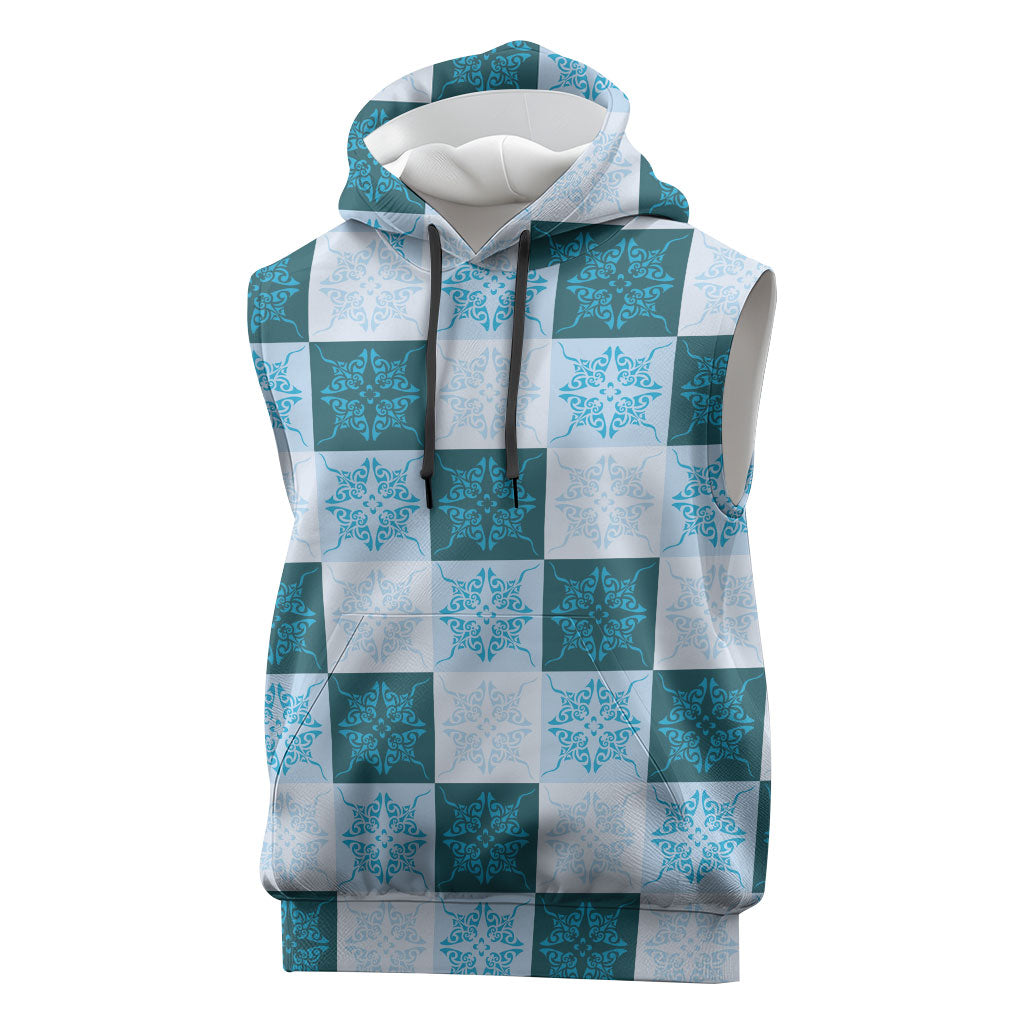 Cyan Manta Ray Hawaiian Quilt Motif Sleeveless Hoodie