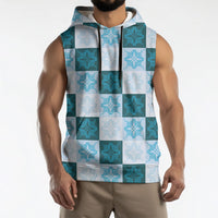 Cyan Manta Ray Hawaiian Quilt Motif Sleeveless Hoodie