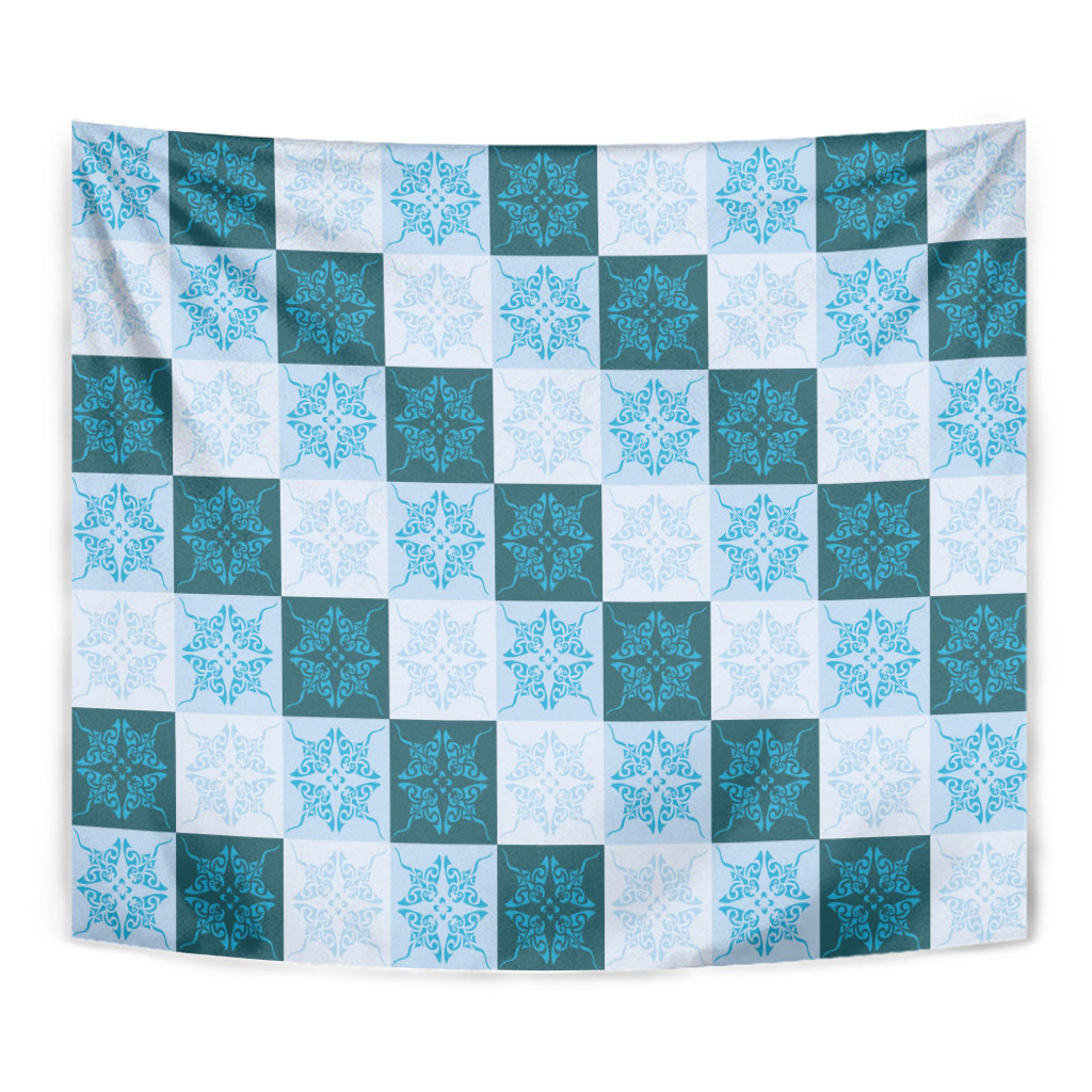 Cyan Manta Ray Hawaiian Quilt Motif Tapestry