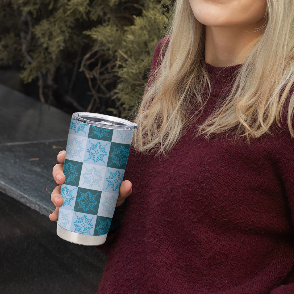 Cyan Manta Ray Hawaiian Quilt Motif Tumbler Cup