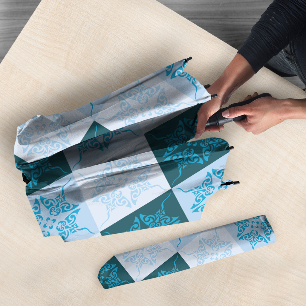 Cyan Manta Ray Hawaiian Quilt Motif Umbrella