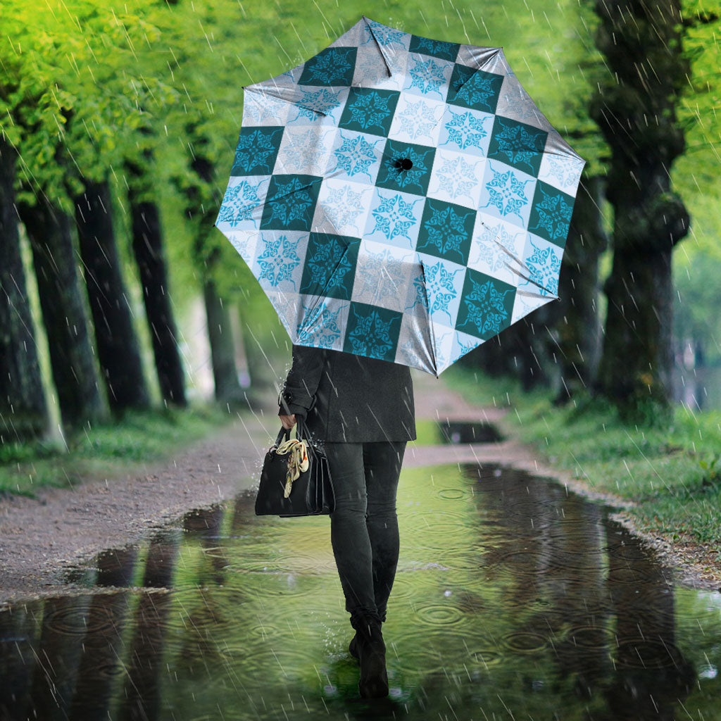 Cyan Manta Ray Hawaiian Quilt Motif Umbrella