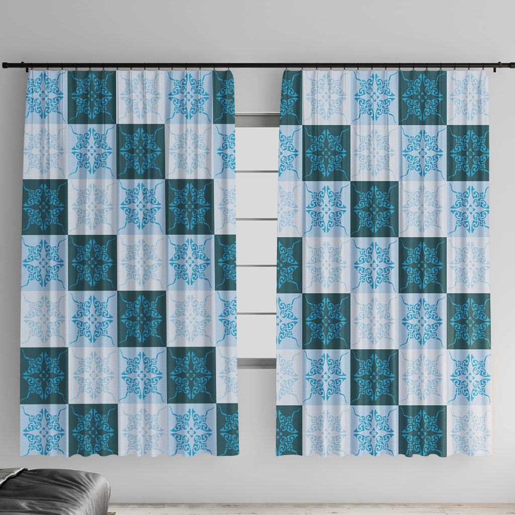 Cyan Manta Ray Hawaiian Quilt Motif Window Curtain