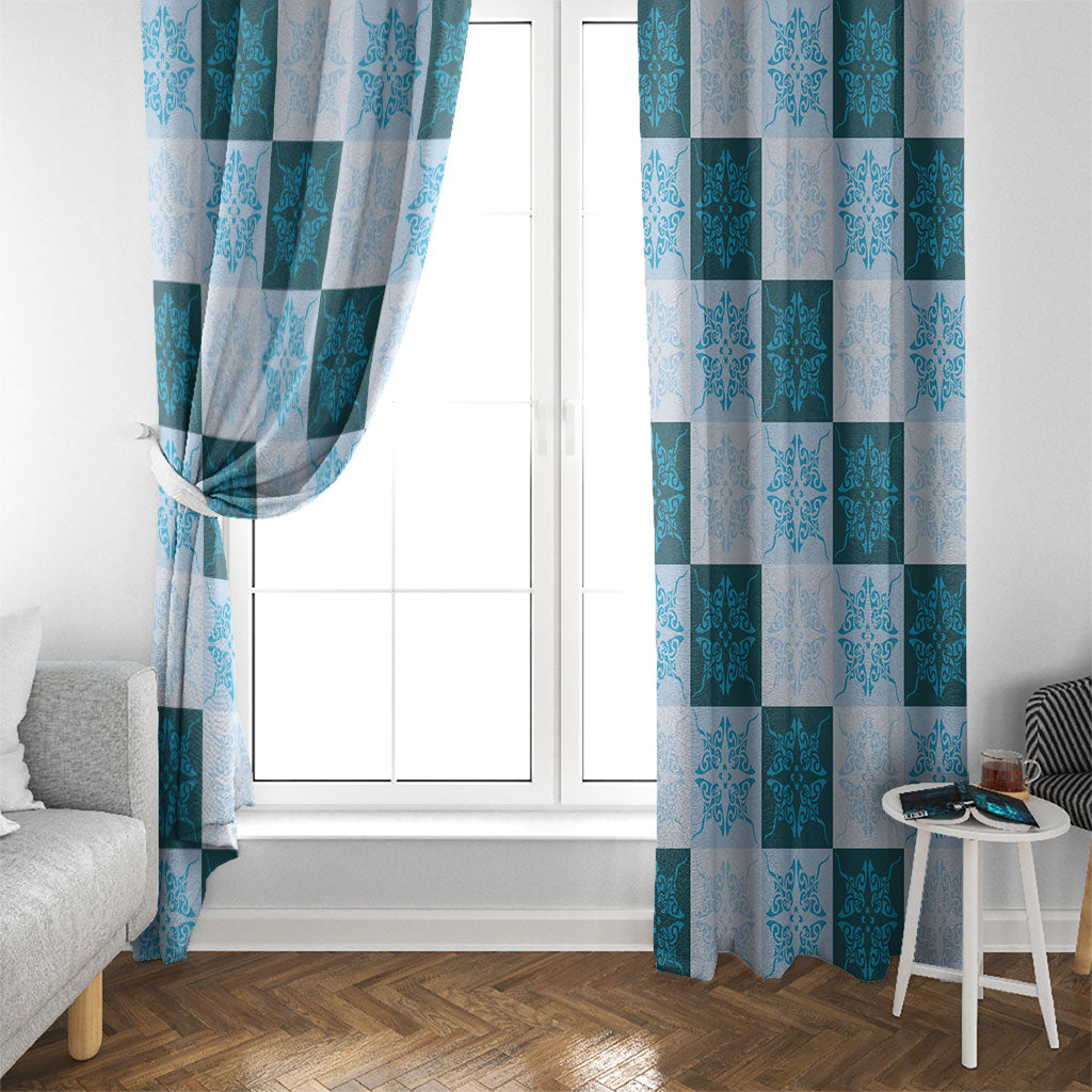 Cyan Manta Ray Hawaiian Quilt Motif Window Curtain