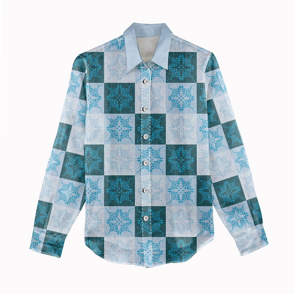 Cyan Manta Ray Hawaiian Quilt Motif Women Casual Shirt