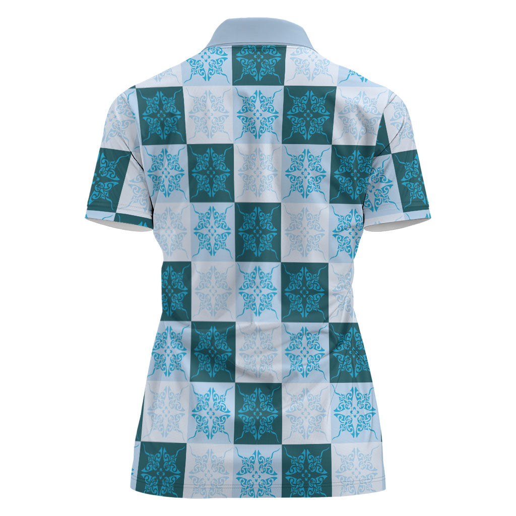 Cyan Manta Ray Hawaiian Quilt Motif Women Polo Shirt