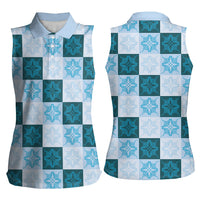 Cyan Manta Ray Hawaiian Quilt Motif Women Sleeveless Polo Shirt