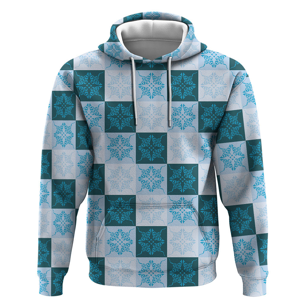 Cyan Manta Ray Hawaiian Quilt Motif Zip Hoodie