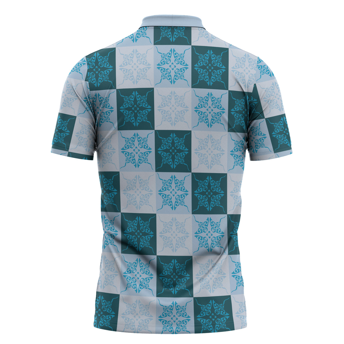 Cyan Manta Ray Hawaiian Quilt Motif Zipper Polo Shirt