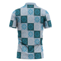 Cyan Manta Ray Hawaiian Quilt Motif Zipper Polo Shirt