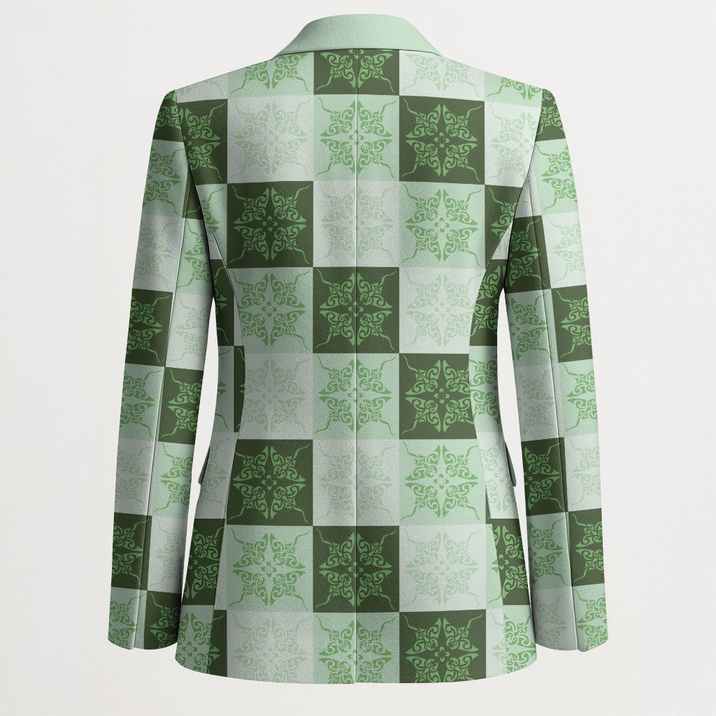 Sage Green Manta Ray Hawaiian Quilt Motif Blazer