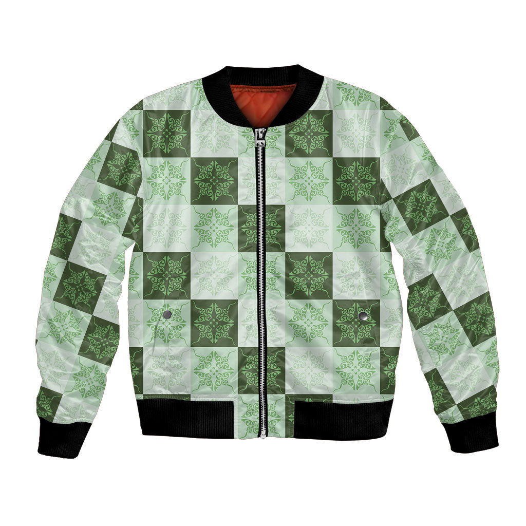 Sage Green Manta Ray Hawaiian Quilt Motif Bomber Jacket