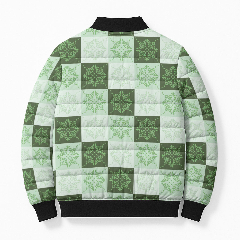 Sage Green Manta Ray Hawaiian Quilt Motif Bomber Puffer Jacket