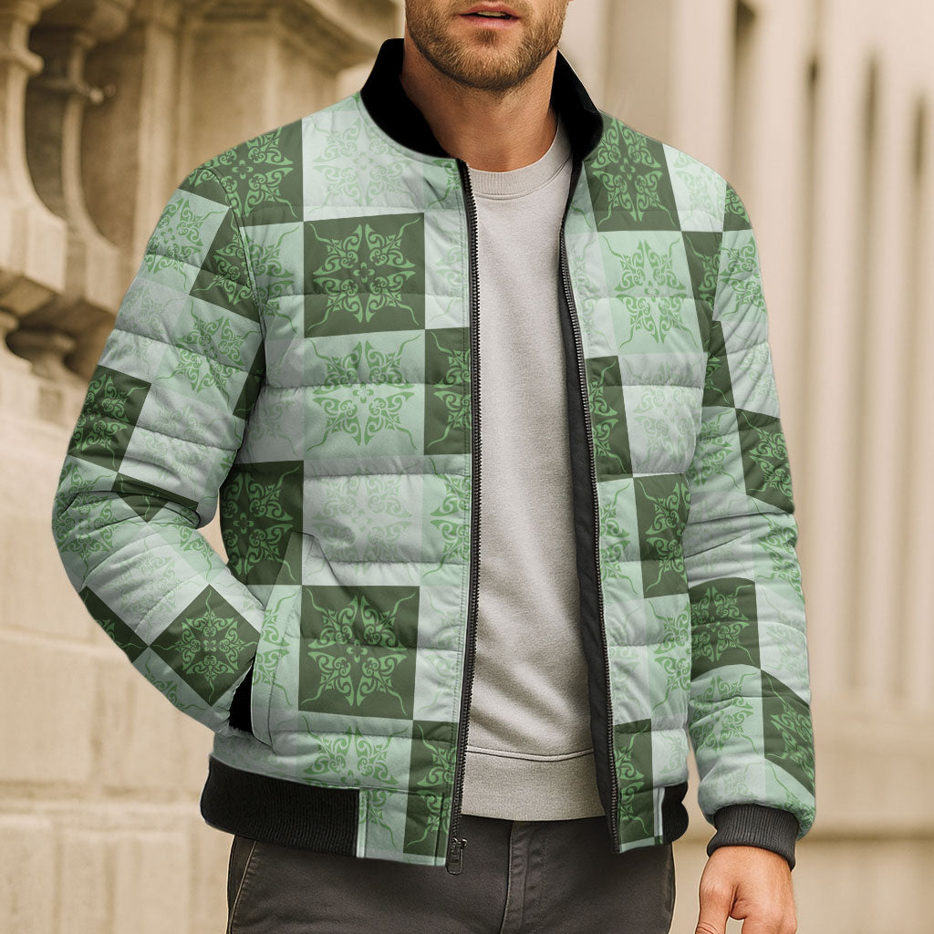Sage Green Manta Ray Hawaiian Quilt Motif Bomber Puffer Jacket