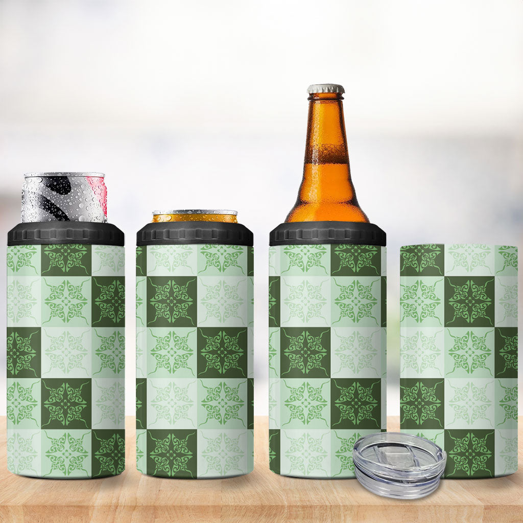 Sage Green Manta Ray Hawaiian Quilt Motif 4 in 1 Can Cooler Tumbler