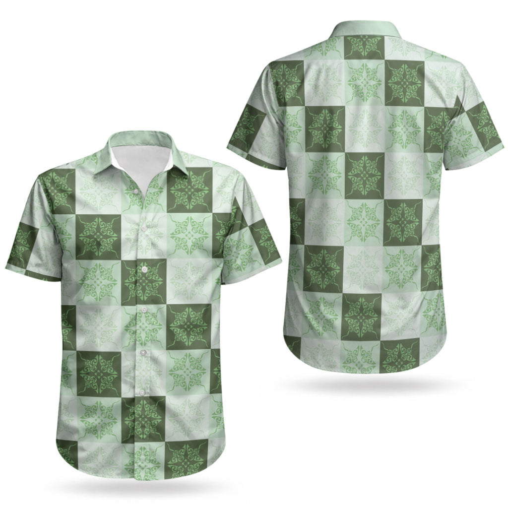 Sage Green Manta Ray Hawaiian Quilt Motif Couples Matching Long Sleeve Bodycon Dress and Hawaiian Shirt