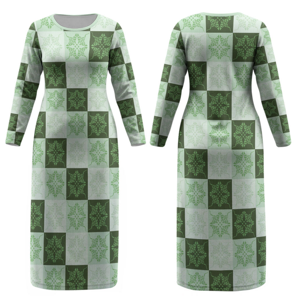 Sage Green Manta Ray Hawaiian Quilt Motif Couples Matching Long Sleeve Bodycon Dress and Hawaiian Shirt