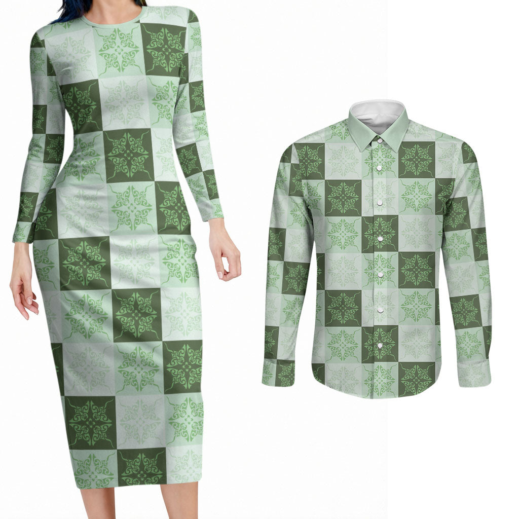 Sage Green Manta Ray Hawaiian Quilt Motif Couples Matching Long Sleeve Bodycon Dress and Long Sleeve Button Shirt
