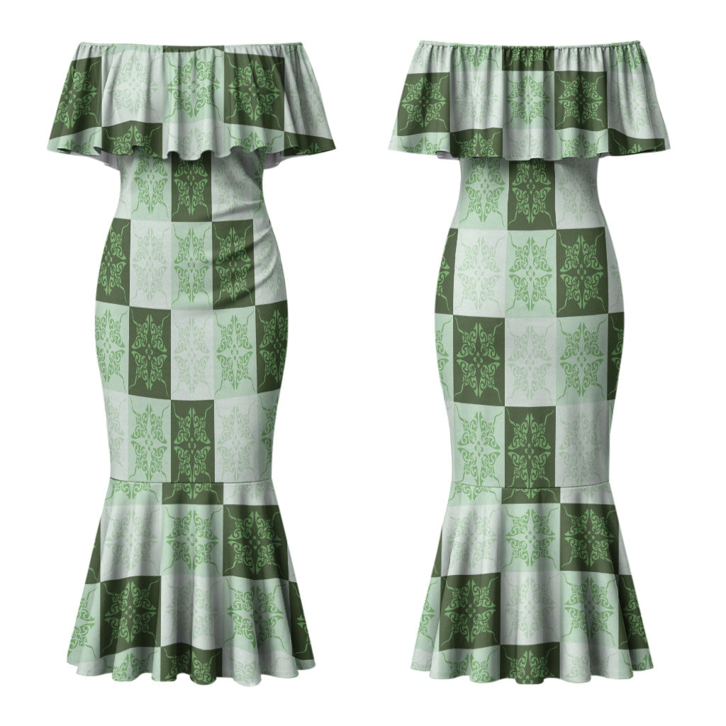 Sage Green Manta Ray Hawaiian Quilt Motif Couples Matching Mermaid Dress and Long Sleeve Button Shirt