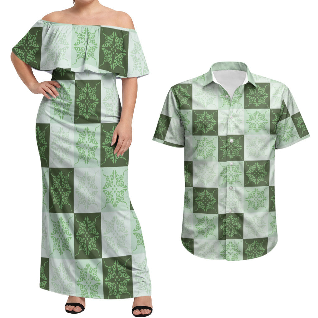 Sage Green Manta Ray Hawaiian Quilt Motif Couples Matching Off Shoulder Maxi Dress and Hawaiian Shirt