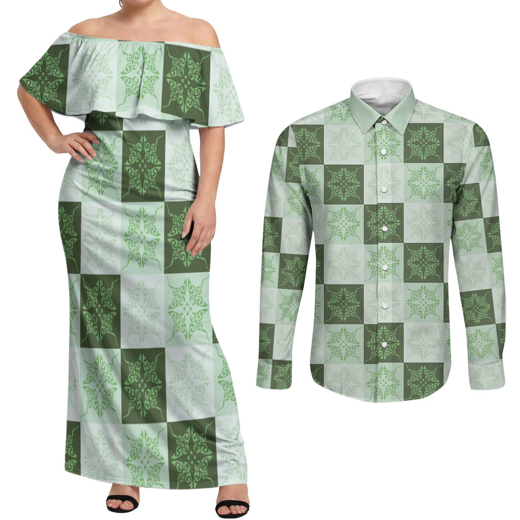 Sage Green Manta Ray Hawaiian Quilt Motif Couples Matching Off Shoulder Maxi Dress and Long Sleeve Button Shirt