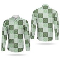Sage Green Manta Ray Hawaiian Quilt Motif Couples Matching Off Shoulder Short Dress and Long Sleeve Button Shirt