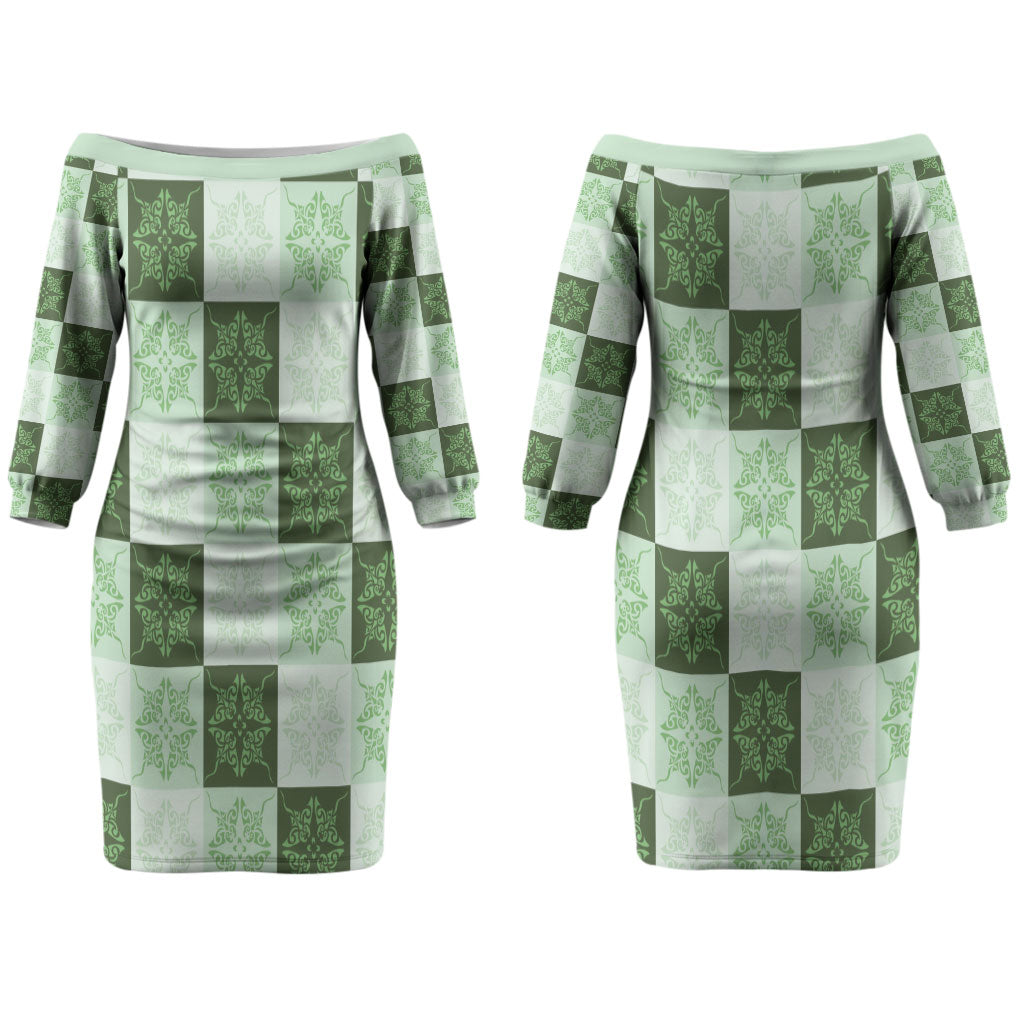 Sage Green Manta Ray Hawaiian Quilt Motif Couples Matching Off The Shoulder Long Sleeve Dress and Hawaiian Shirt