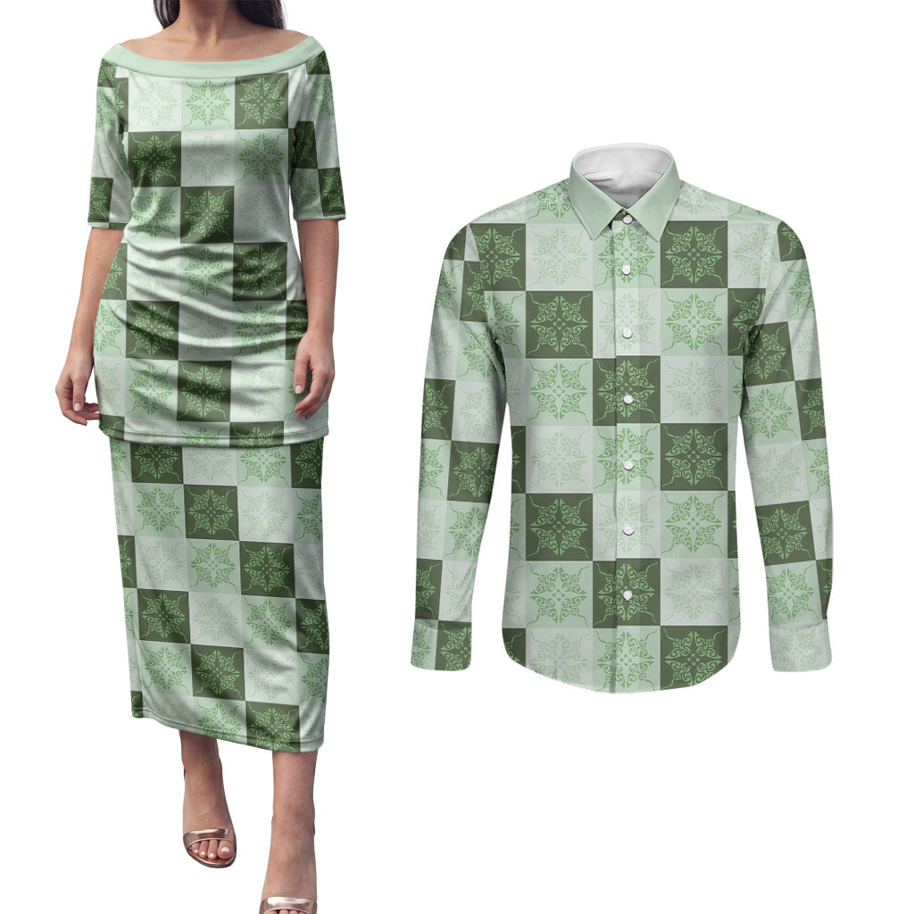 Sage Green Manta Ray Hawaiian Quilt Motif Couples Matching Puletasi and Long Sleeve Button Shirt