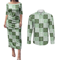 Sage Green Manta Ray Hawaiian Quilt Motif Couples Matching Puletasi and Long Sleeve Button Shirt