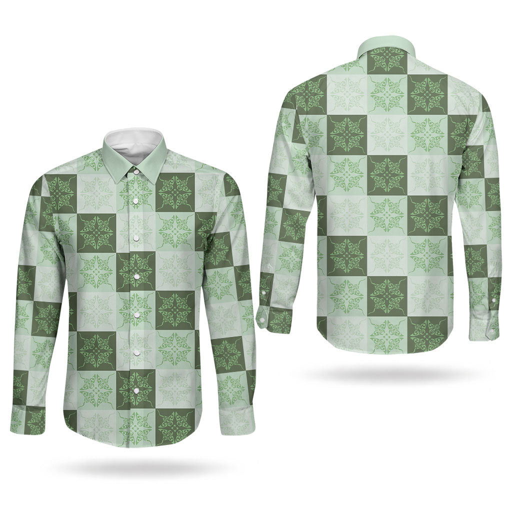 Sage Green Manta Ray Hawaiian Quilt Motif Couples Matching Puletasi and Long Sleeve Button Shirt