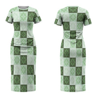 Sage Green Manta Ray Hawaiian Quilt Motif Couples Matching Short Sleeve Bodycon Dress and Hawaiian Shirt