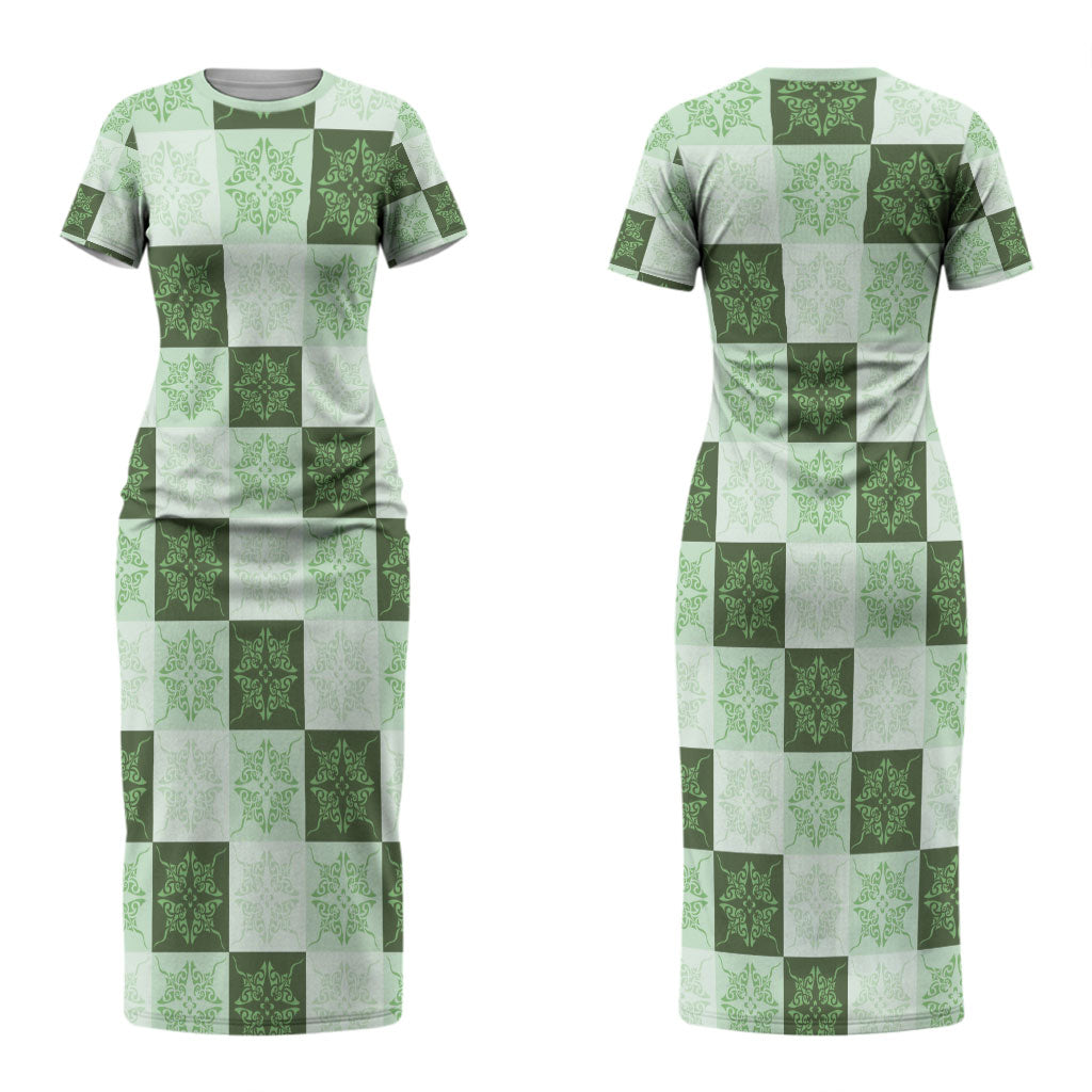 Sage Green Manta Ray Hawaiian Quilt Motif Couples Matching Short Sleeve Bodycon Dress and Long Sleeve Button Shirt