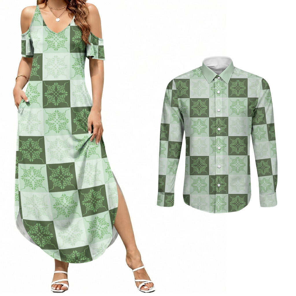 Sage Green Manta Ray Hawaiian Quilt Motif Couples Matching Summer Maxi Dress and Long Sleeve Button Shirt
