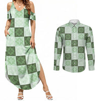 Sage Green Manta Ray Hawaiian Quilt Motif Couples Matching Summer Maxi Dress and Long Sleeve Button Shirt