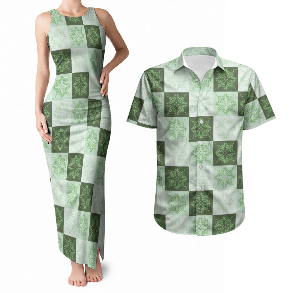 Sage Green Manta Ray Hawaiian Quilt Motif Couples Matching Tank Maxi Dress and Hawaiian Shirt