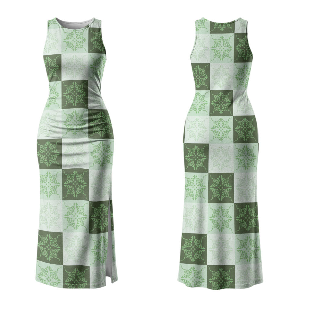 Sage Green Manta Ray Hawaiian Quilt Motif Couples Matching Tank Maxi Dress and Long Sleeve Button Shirt