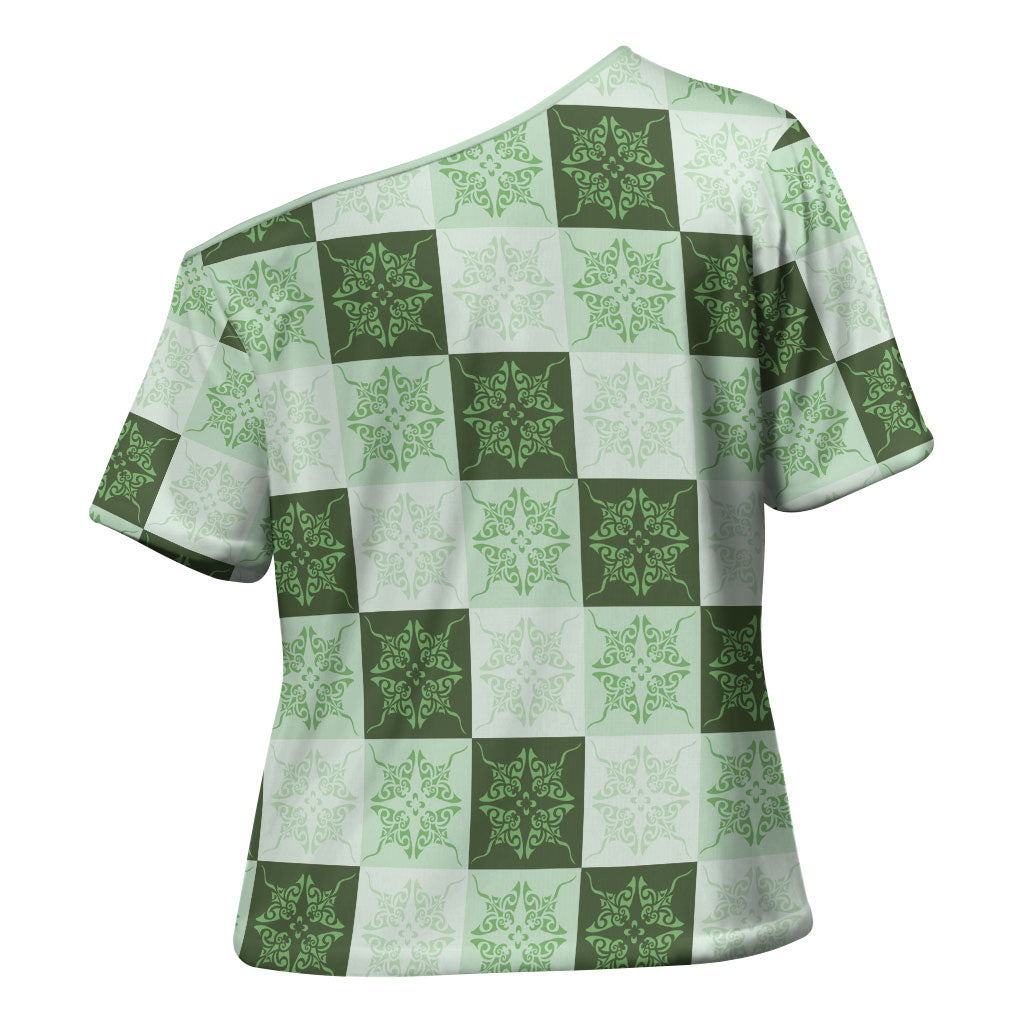 Sage Green Manta Ray Hawaiian Quilt Motif Cross Shoulder Shirt